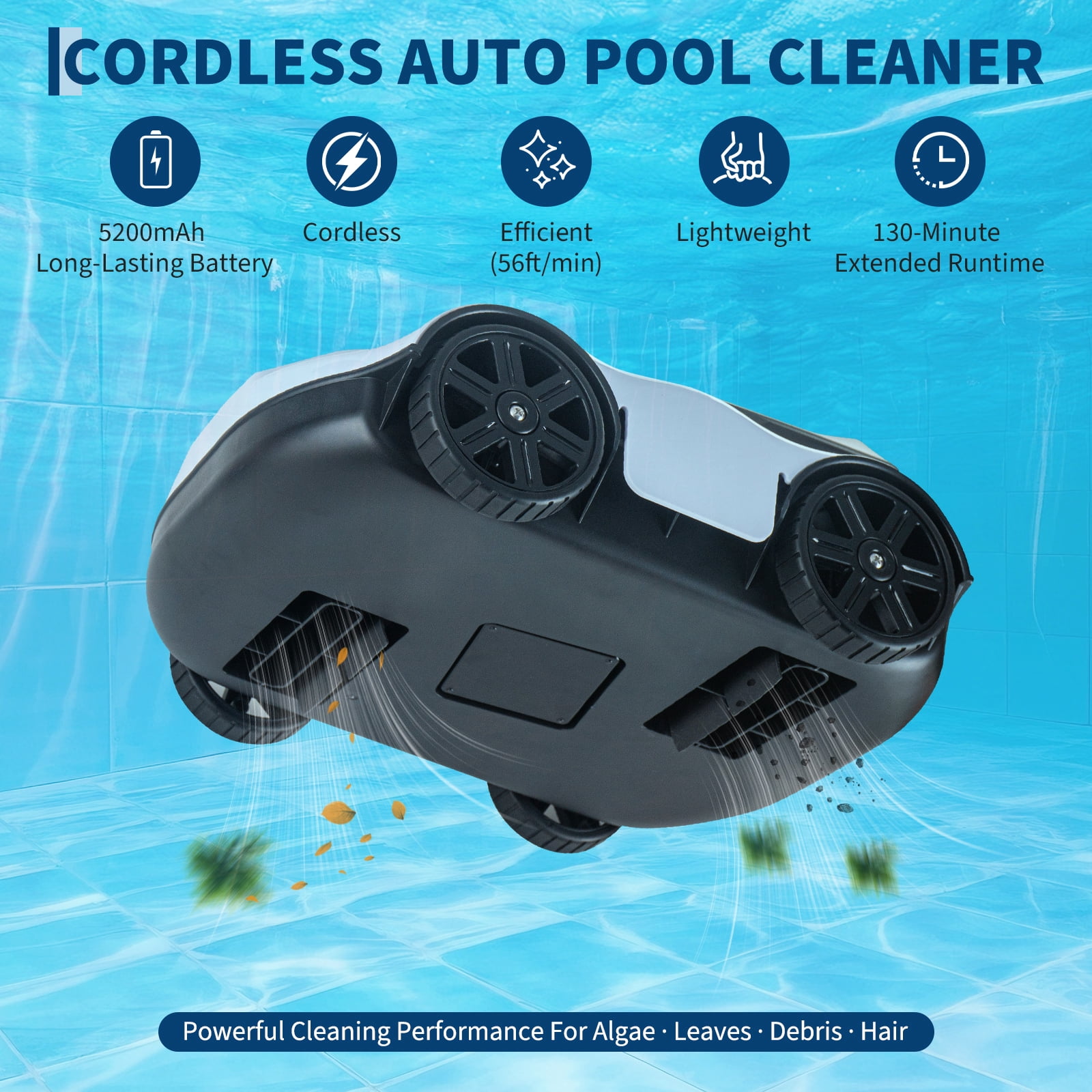 GIMMYFIVE Cordless Robotic Pool Cleaner, 130 Min Runtime, for Pools up to 860 Sq Ft, Above Ground