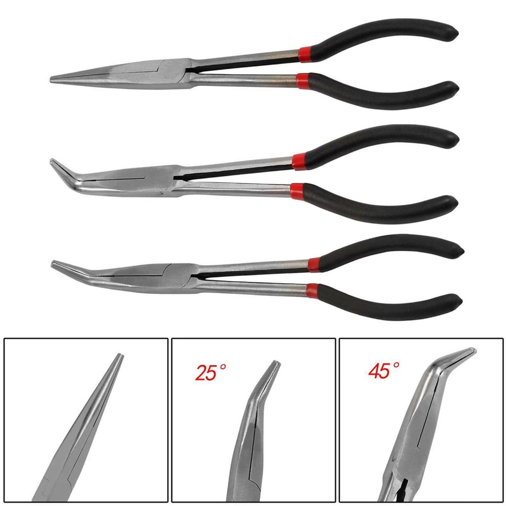 3Pcs 45/25 Degree Bent Extra Long Nose Pliers for Machinist Engineer Hand Tools