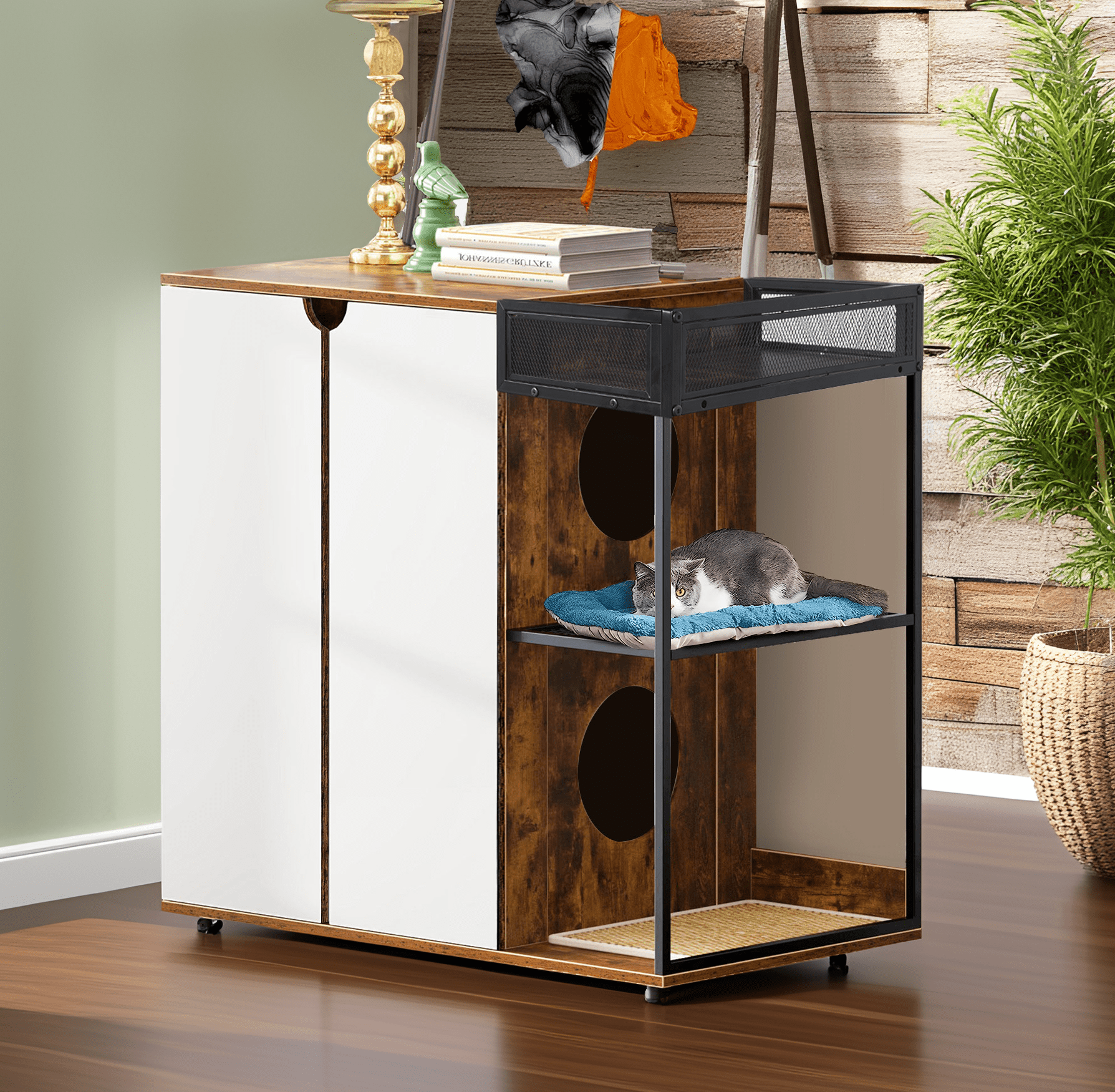Anykoon Enclosed Cat Litter Boxes for 2 Cats,Cat Furniture Cabinet,Cat Litter Box Furniture,Rustic Brown