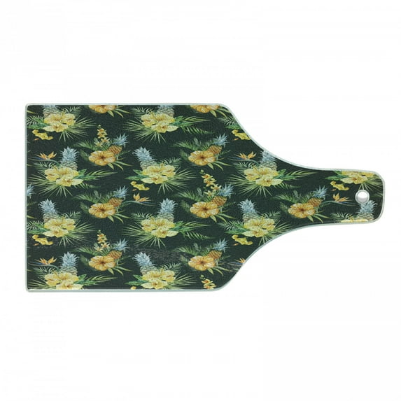 Hawaii Cutting Board, Tropical Flowers Blooming Frangipani Plumeria Botanical Bouquet Pineapple Fruit, Decorative Tempered Glass Cutting and Serving Board, Wine Bottle Shape, Multicolor, by Ambesonne