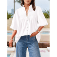 thumbnail image 4 of Women'S 2025 Summer Short Lantern Sleeve Tops Loose Fit Button Down Shirt Casual Pleated V Neck Blouses White S, 4 of 8