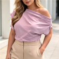 thumbnail image 2 of LEKWK Off the Shoulder Tops for Women Short Sleeve Crew Neck Ruched T-Shirt Loose Fit Solid Asymmetrical Blouses Summer Fashion Going Out Tops, 2 of 5