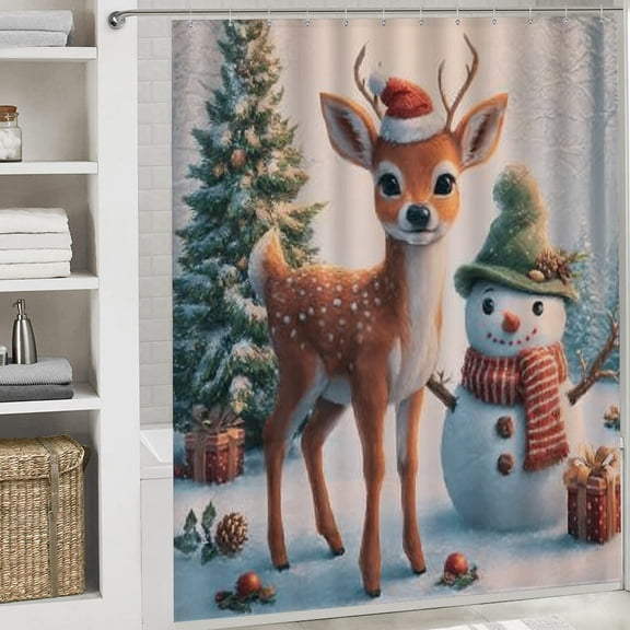 RKSupls Christmas Shower Curtain, Christmas Deer Snowman Shower Curtain with Hooks for Home Bathroom Decor Washable Curtains, 72x72 in