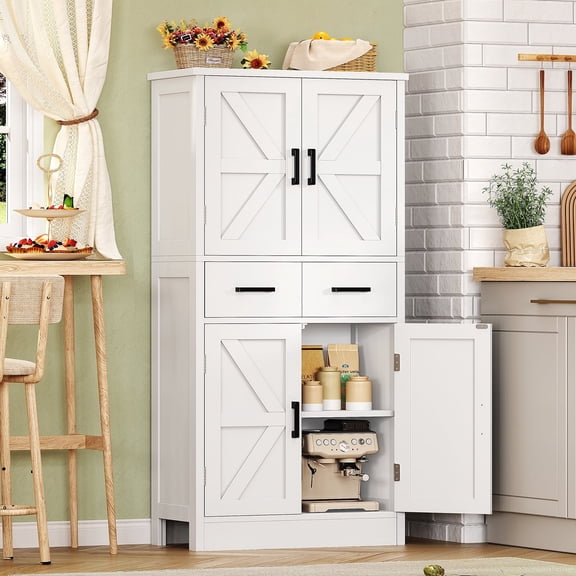 TEENFON 53" H Pantry Cabinet with 2 Drawers, Small Kitchen Storage Cabinet with Door Shleves, Kitchen Pantry for Living Room, Dining Room, White