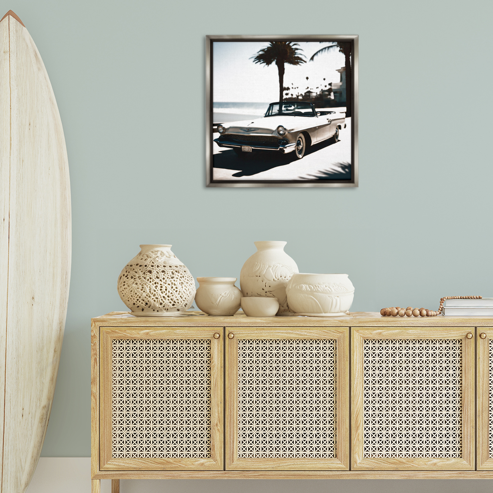 Stupell Industries California Cruise Antique Car Transportation Painting Gray Floater Framed Canvas Art Print Wall Art, 25 x 25