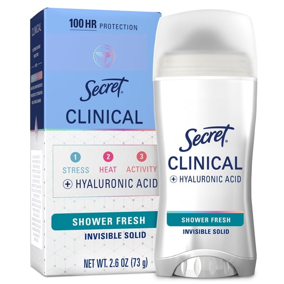 Secret Clinical Antiperspirant Deodorant for Women, 100HR Sweat & Odor Protection, Hyaluronic Acid, Invisible Solid, Shower Fresh, 2.6 oz
