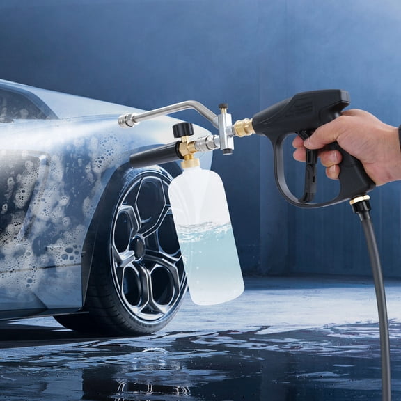 1L Bottle Pressure Washer Kit Pressure Washer Gun with 5 Replaceable Nozzles Foam and Water Spraying Functions for Cars Motorcycles Patios Foam Amount Adjustable, Black Silver