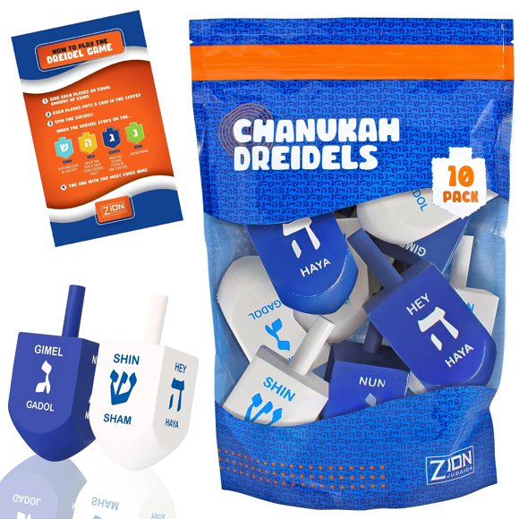 Dreidels Judaicos Zion 7,5 cm Extra Grandes Azul y Blanco, Paquete de 10