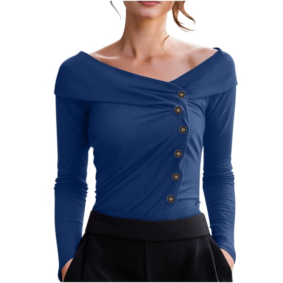 Women Off Shoulder Tops Long Sleeve Cross Wrap Asymmetrical Blouses Tunics Top Casual Button Down Blouse Sexy Base Layer Shirts Trendy Dressy 2026 Blouse