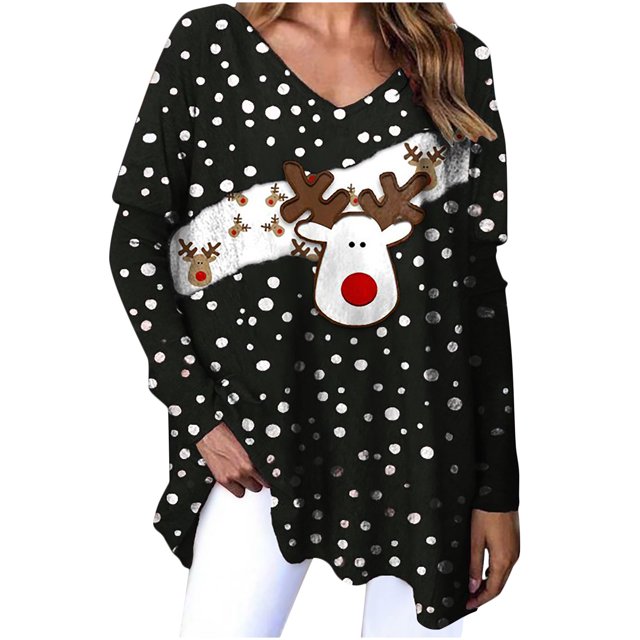 Camisas informales de manga larga para mujer, jersey, túnica suelta, blusa con cuello en V y estampado navideño Fridja fhghd2719