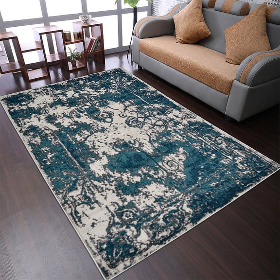 RUGSOTIC CARPETS MACHINE MADE HEATSET POLYPROPYLENE AREA RUGS - 6'x9', Rectangle Shape, Ivory Blue Color, Abstract Modern Design, High Pile Machine Made Area Rugs for Living Room, Bed Room (M00022)
