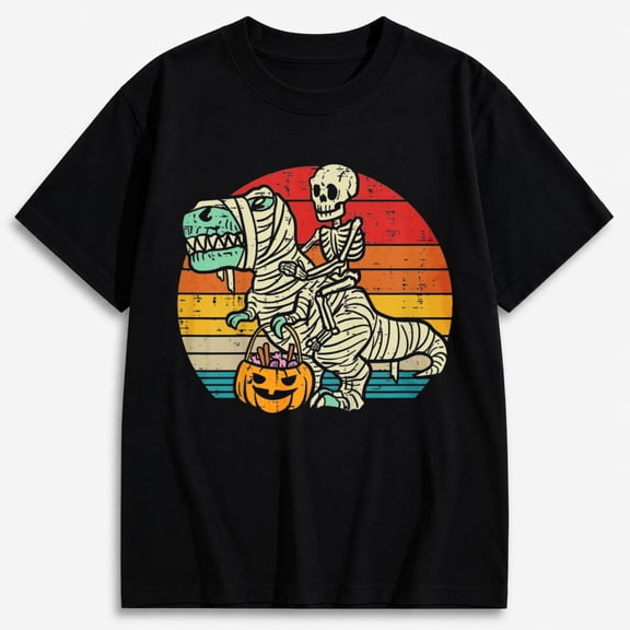 Boys Halloween Shirt, Skeleton Riding Dinosaur with Pumpkin Graphic T-Shirt