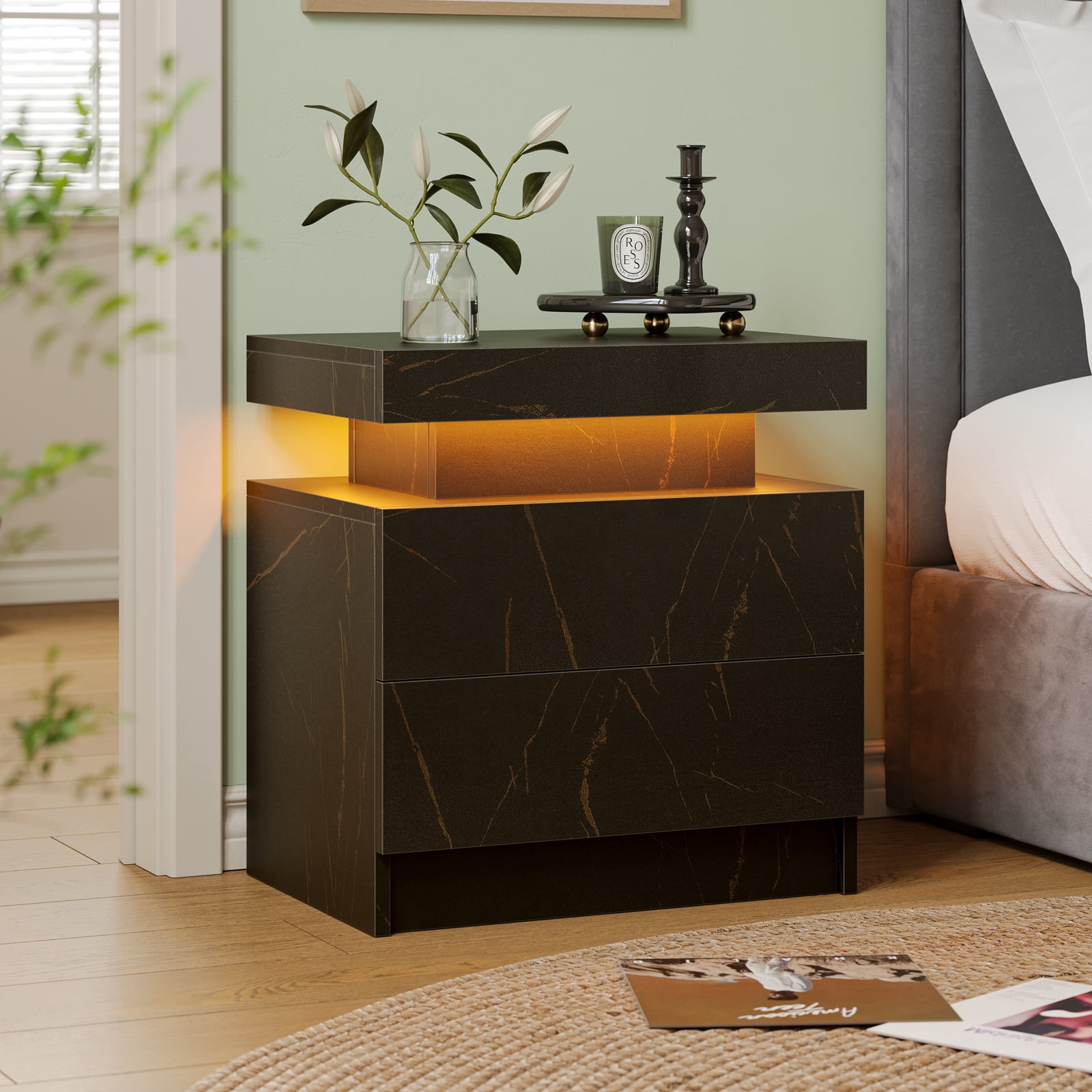 Cubehom Modern Nightstand Set of 2 with LED Lights, 2-Drawer Wooden Bedside Table, Side Table for Bedroom & Living Room