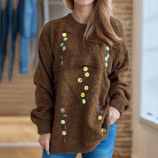 Suéter de cuello redondo para mujer, moda otoño invierno, tejido, suelto, manga larga, blusa, suéter de cuello redondo, suéter para mujer
