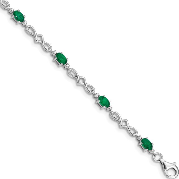 Sterling Silver Rhodium-Plated Emerald And Diamond Bracelet (7 X 4) Made In Thailand qx860e