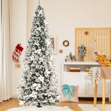 Gymax 8 FT Artificial Snow Flocked Pencil Christmas Tree w/ White Berries & Flowers