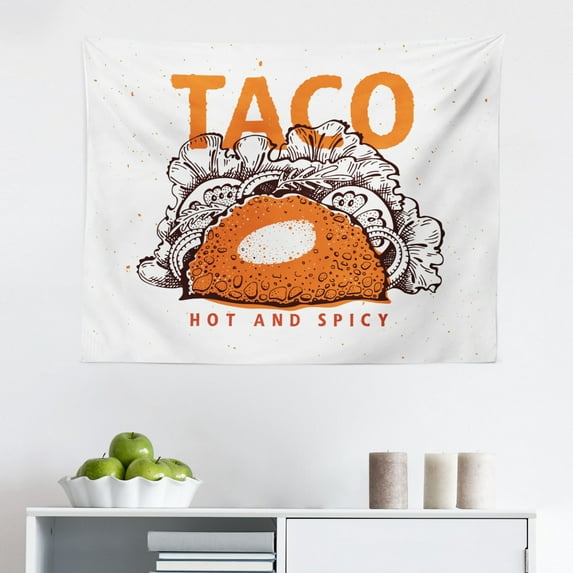 Taco Tapestry, Traditional Mexican Cuisine Healthy Veggie Tortilla Menu Illustration, Fabric Wall Hanging Decor for Bedroom Living Room Dorm, 2 Sizes, Marigold White Vermilion, by Ambesonne