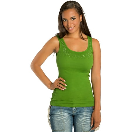 - Sweet Vibes Womens Tank Tops Olive Cotton Stretch Rib Jeweled Neckline Juniors