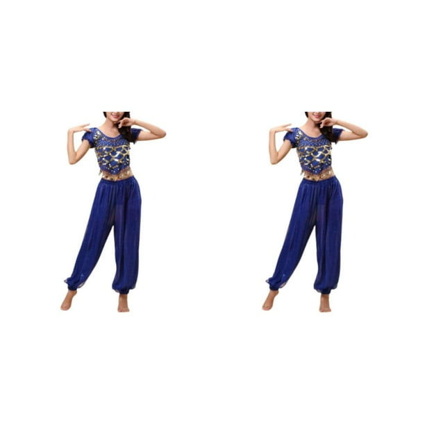 Sonducket Pantalones de danza del vientre indio para mujer, traje de baile con cordones en la espalda, traje profesional para adultos, ropa azul Azul oscuro SG 2piezas