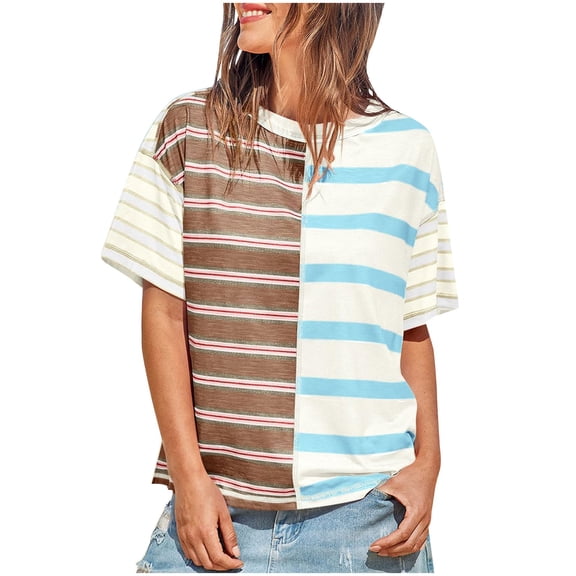 Womens Tops Short Sleeve Summer Tops For Women Casual Striped Color Block Loose Fit Crew Neck Tees Womens T Shirts