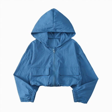 mgoYE Girl s Zip Up Lightweight Windbreaker Jacket Sport Casual Hoodie Outerwear with Pockets Rainy Day Outfits(Blue 10-11 Years)