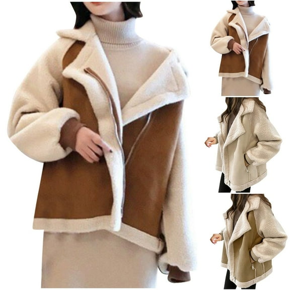 XPMWRP Women's Color Blocked Fleece Lined Jackets Notched Lapel Long Sleeve Trendy Coat Winter Warm Casual Zip Jackets Brown XXXXL
