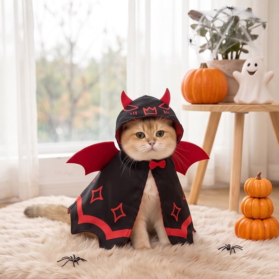 Adjustable Pet Cape with Horned Hood and Neck Cord for Cats and Small Dogs Halloween Party Photo Shoot