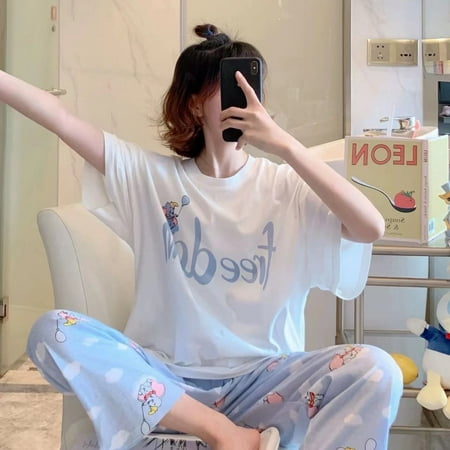 

New Homewear Short Sleeve Pajamas Set Cute Leisure Women Sleepwear 2Pcs Nightwear for Women Nightwear Long Loose Waist Pant