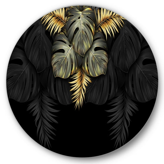 Designart 'Gold and Black Tropical Leaves IV' Modern Circle Metal Wall Art 36x36 - Disc of 36