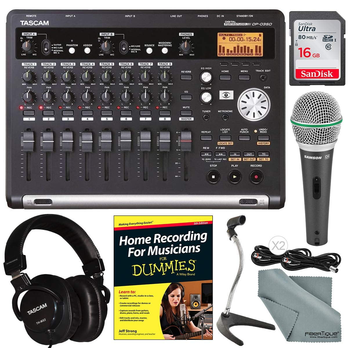 Tascam DP-03SD 8-Track Digital Recorder Bundle with Home Recording for Musicians Guide 16 GB FiberTique Cloth and More Handheld Mic 
