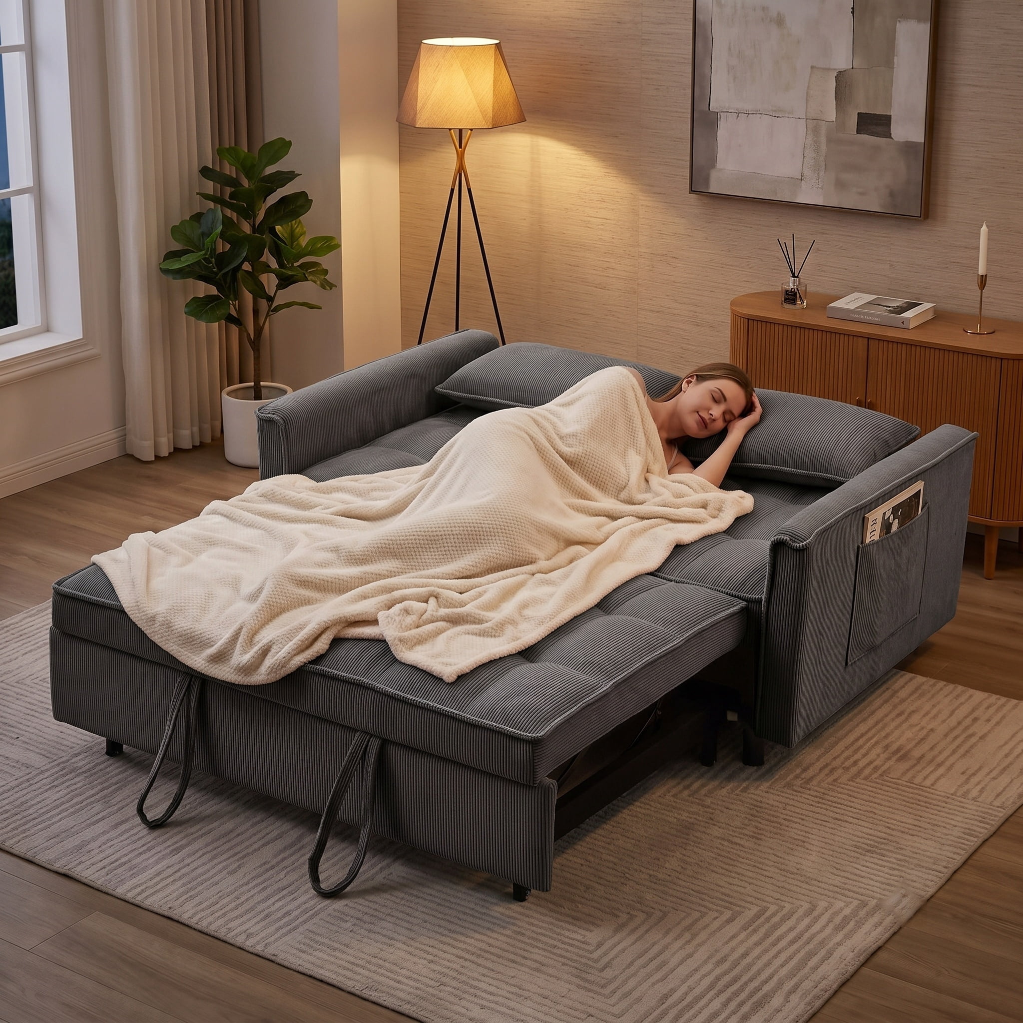 Howcool Sleeper Sofa Bed, Pull Out Couch, 3-in-1 Convertible Loveseat Sofa with Adjustable Backrest, Corduroy Couch for Living Room, Apartment & Small Space，Dark Grey