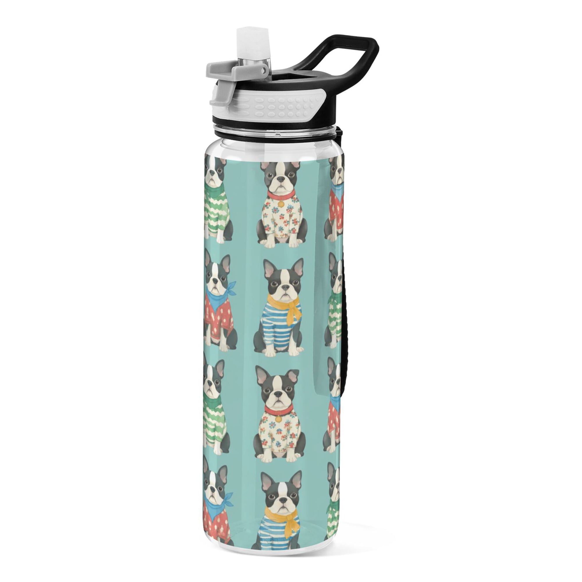 Wobogo Sports Water Bottle 34oz with Straw BPA-Free Tritan for Gym Travel & Outdoor Activities Boston Terrier Puppy Print