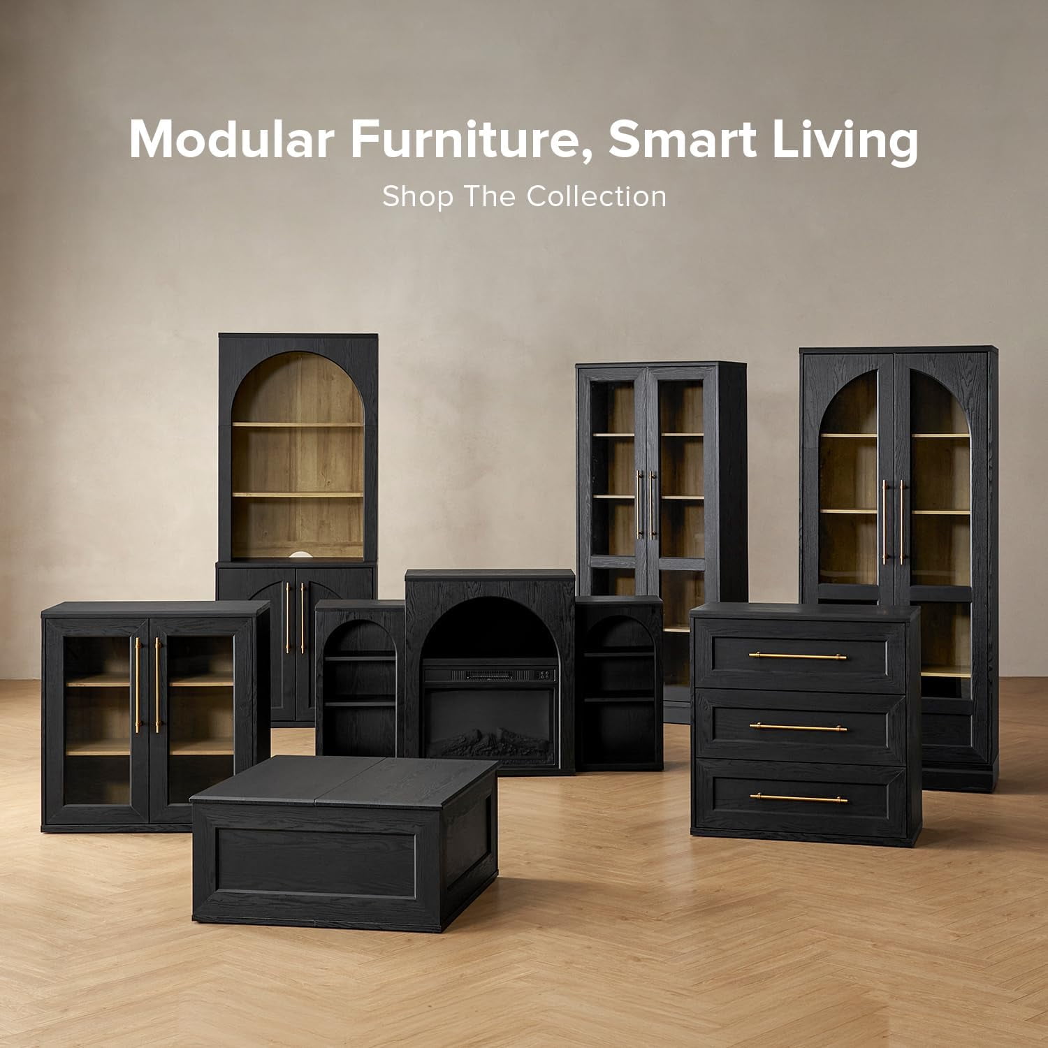 Mopio Blake 3 Piece Entertainment Center with Storage, Modern Farmhouse Modular Storage Cabinet Dresser TV Stand for up to 65" TVs, Side Display Case, Media Console Cabinet, Living Room (Black)