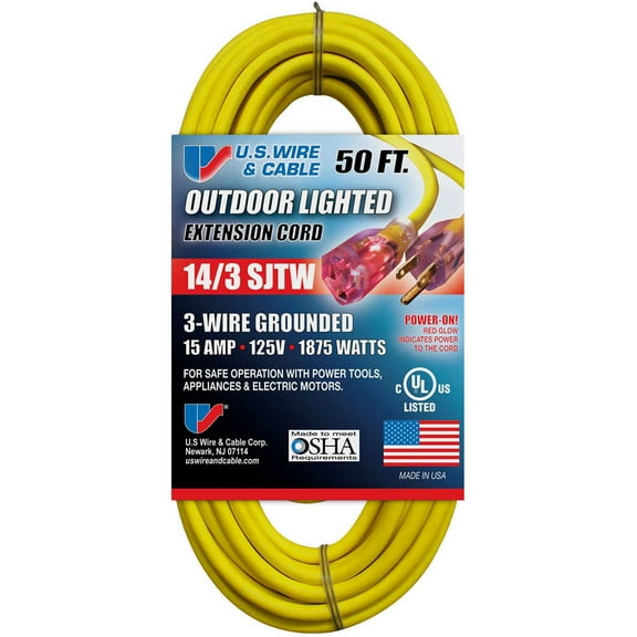 US Wire and Cable 14/3 Gauge x 50-Foot Lighted Heavy Duty General Purpose Extension Cord – 12/3 Gauge, Yellow, Kink-Resistant, Heavy Duty, Power Indicator Light, SJTW, Made in USA