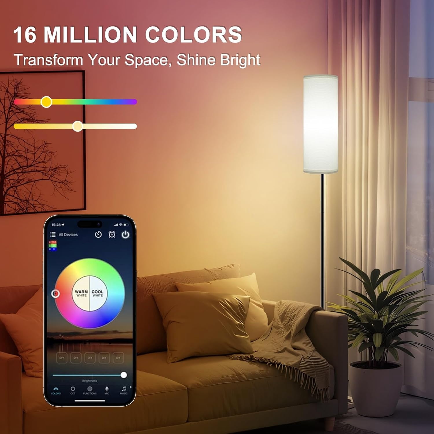 Floor Lamp, Color Changing Ambient Lighting for Living Room & Gaming Decor, Smart Standing Lamp with App & Remote Control, Tall Corner Lamp for Bedroom, Foot Switch, White Shade