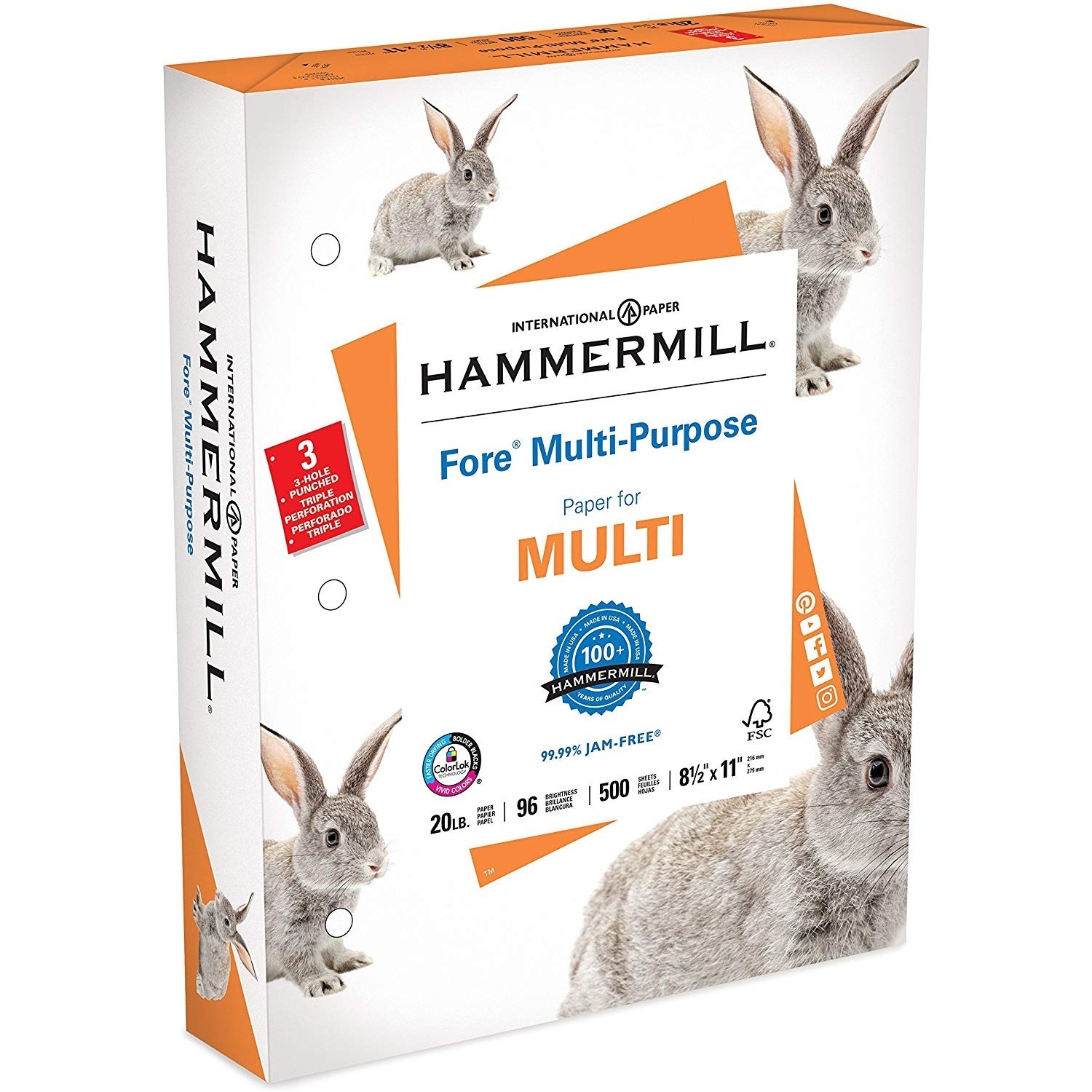 Hammermill MP Paper 20Lb 3-Hole 8-1/2'x11' 96 GE/112 ISO WE 103275RM
