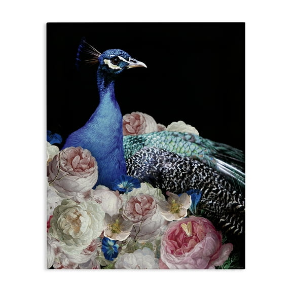 Stupell Industries Peacock & Peonies Animals Painting Wrapped Canvas Art Print Wall Art, 16 x 20