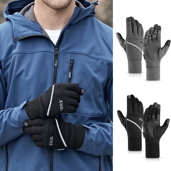 rygai 1 Pair Plush Lining Ribbed Cuffs Reflective Strip Men Gloves with Storage Bag Winter Windproof Non slip Sports Cycling Gloves Black 2XL