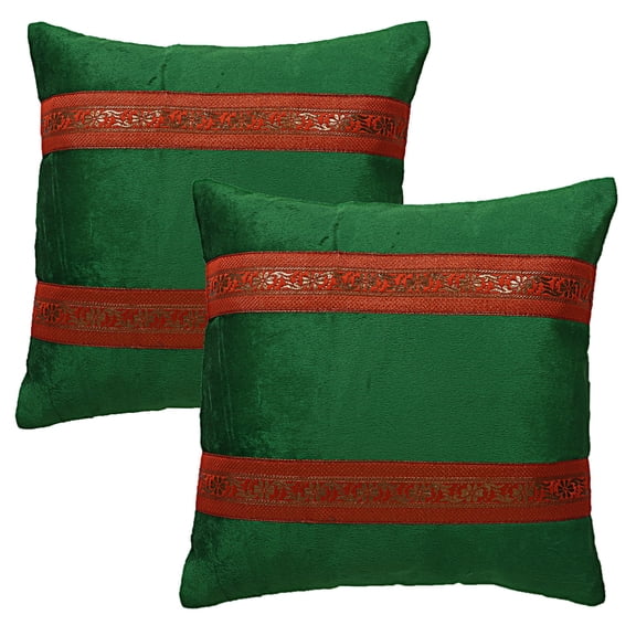 Stylo Culture Ethnic Decorative Throw Pillow Covers Jacquard 16 x 16 Brocade Dark Green Zippered 40cm x 40cm Bed Room Satin Velvet Floral Square Cushion Covers | Set Of 2