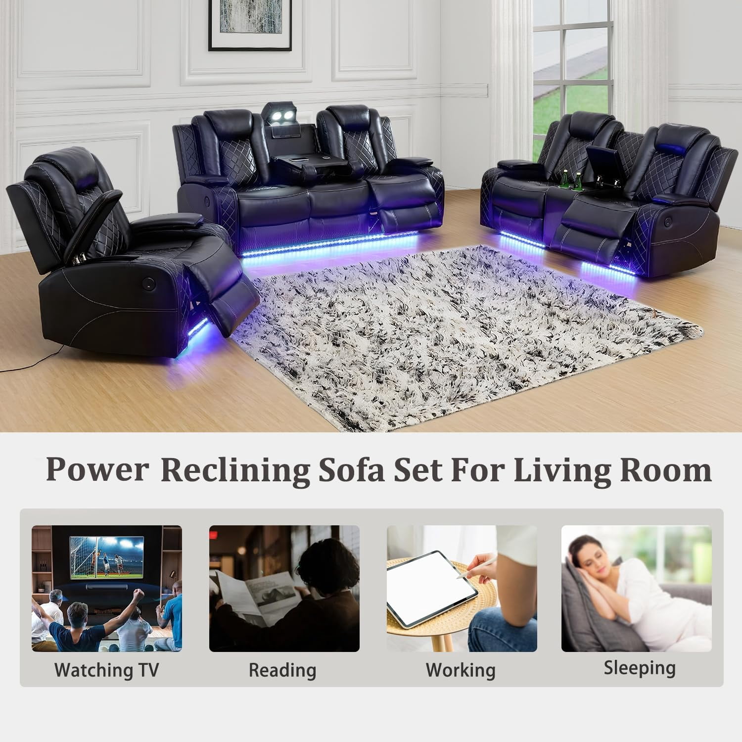 PonLiving Leather Power Recliner Sofa Set LED Lights USB Chargers Black Leather Living Room Furniture Set SOFA+LOVESEAT