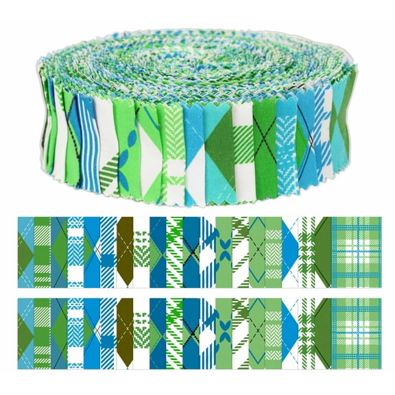 Soimoi 40Pcs Argyle Print Precut Fabrics Strips Roll Up 1.5x42inches Cotton Jelly Rolls For Quilting - Blue & Green
