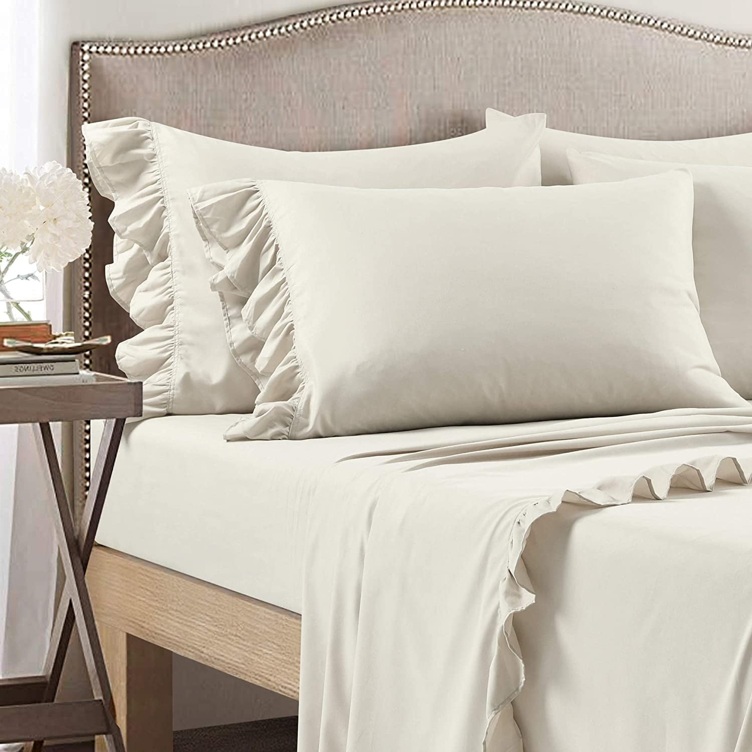 Ruffle Bed Sheet Set 6 Piece - 30 Inch Deep Pocket - 100% Pure Bamboo Bed Sheet Set - Anti Static Feels Like Silk - Super Comfy, Extra Soft and Luxury - Ivory Solid, Twin XL Size.