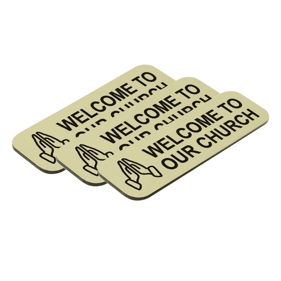 Welcome To Our Church 1 x 3" Name Tag/Badge, Brushed Gold, Praying Hands Design (3 Pack)