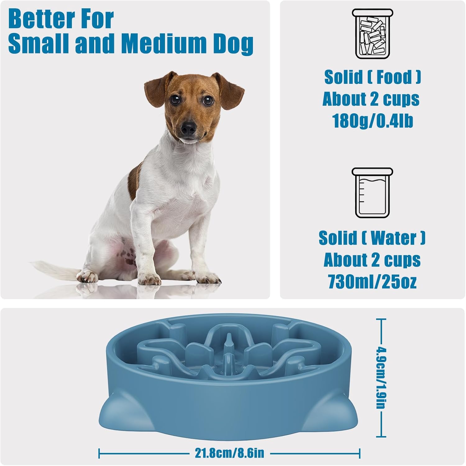 Slow Feeder Dog Bowls Medium Breed, Dog Food Bowl Medium Anti-Choking Bloat Stop Puzzle Healthy Eating Bowl (Blue, 2 Cup)
