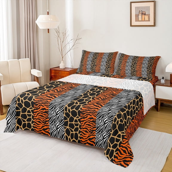 Homewish Fashion Cheetah Print Queen Sheet Sets, Wildlife Leopard Lover Flat Sheet, Modern Art Orange Polkadots Queen Fitted Sheet, 4-Piece