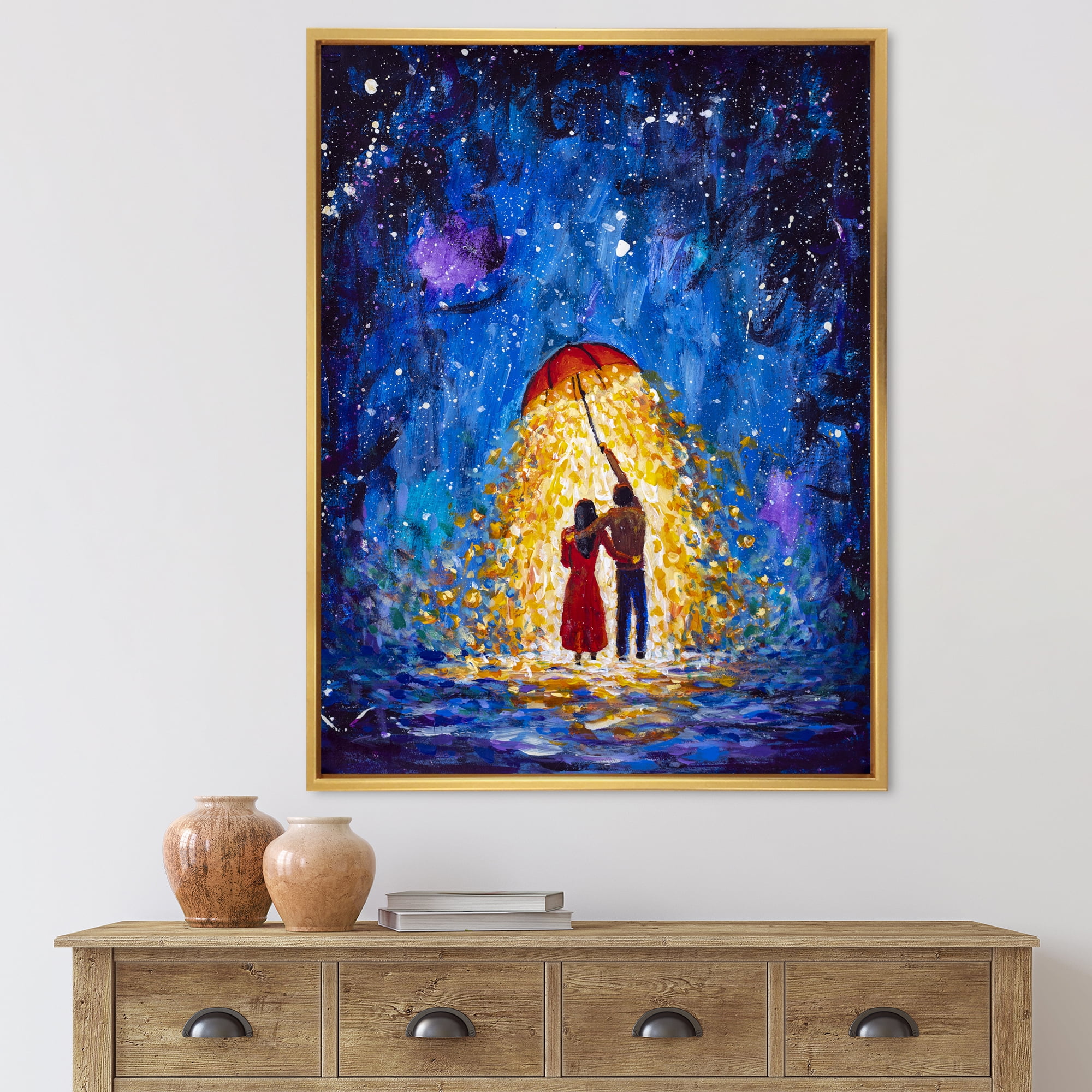 Designart 'Abstract Couple In Love Walks Under Glowing Umbrella' French Country Framed Canvas Wall Art Print