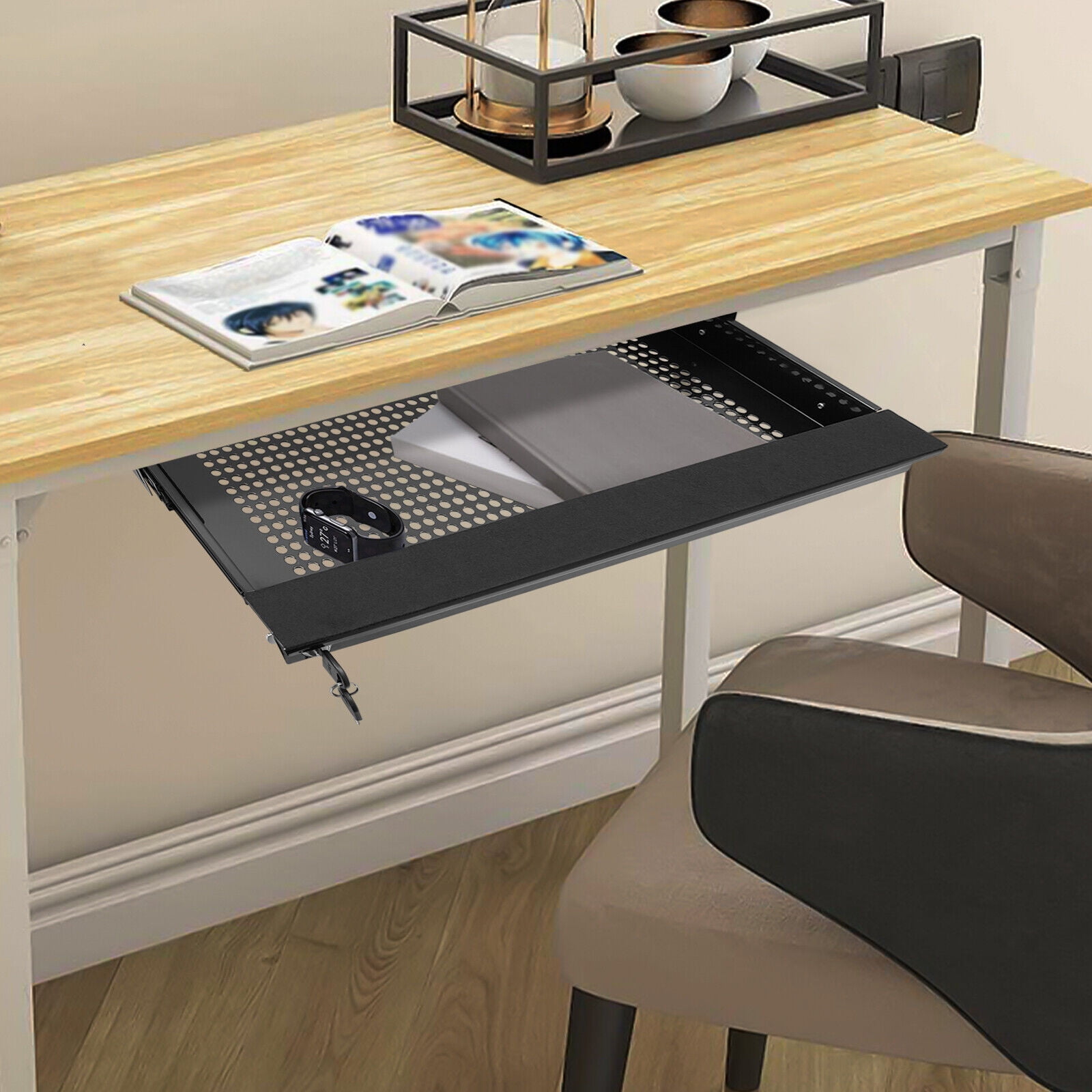 Under Desk Mounted Sliding Pull-out Drawer for Storing Keyboard, Mouse, Pen, Pencil or Other Small Items