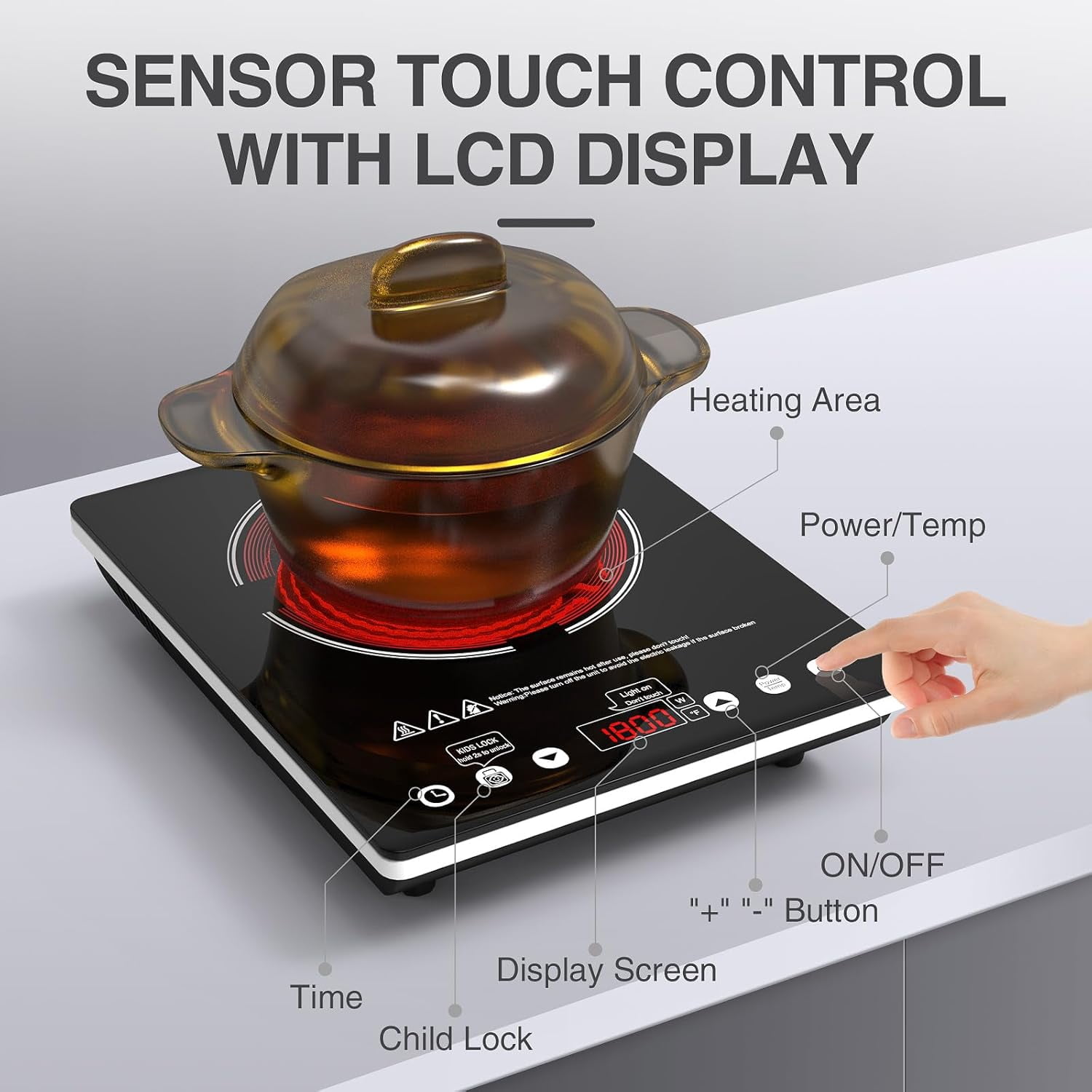 1800W Single Burner Electric Cooktop with Touch Control, 9 Power Levels, Child Lock Timer for Home Camping