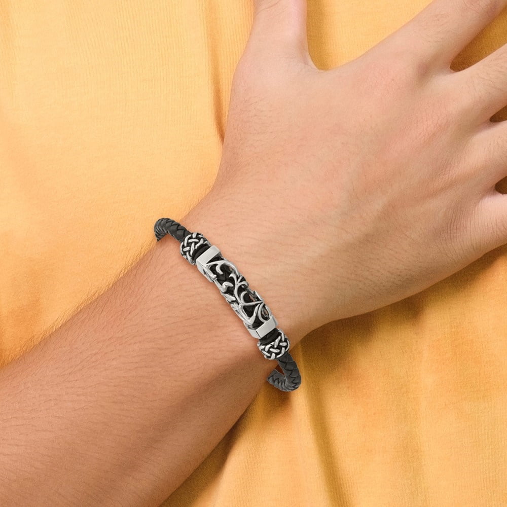 Diamond2Deal Stainless Steel Polished with Antiqued Beads Braided Black Leather Bracelet for Men 8.25"