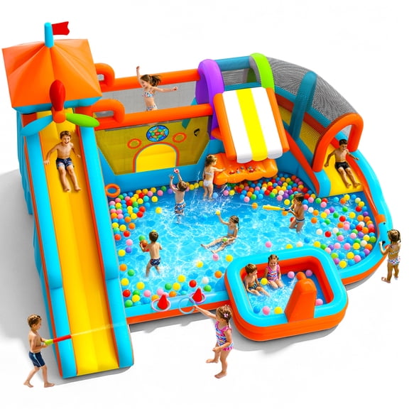 Inflatable Bounce House with Double Slides, 10 in 1 Bouncy House with 750W Blower, Toy Stand, Splash Pool, Climbing Wall, Jumping, Water Cannon, Basketball, Deep Pool for Kids Indoor Outdoor, Orange